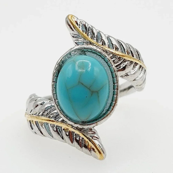 🎁 925 Silver Plated Green Turquoise Leather Shape Cut Ring, GPMB1514 - Picture 2 of 6